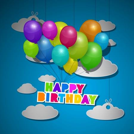 Colorful Balloons on Blue Sky With Paper Clouds - Happy Birthdayのイラスト素材