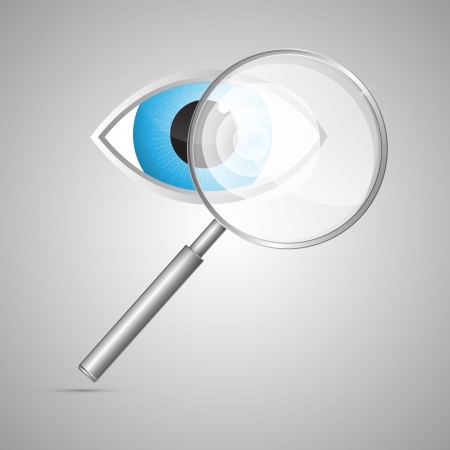 Vector 3D Magnifying Glass and Blue Eye Isolated on Grey Backgroundのイラスト素材