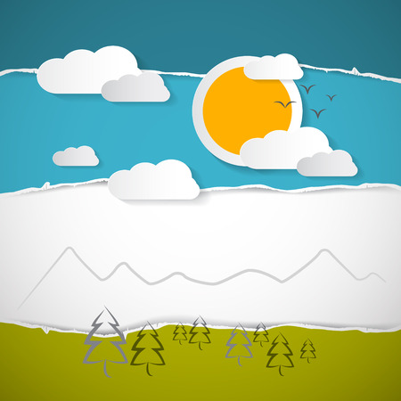 Abstract Vector Trees, Clouds, Mountain, Sun on Retro Torn Paper Backgroundのイラスト素材