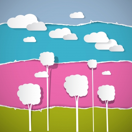 Abstract Vector Trees, Clouds on Retro Torn Paper Backgroundのイラスト素材