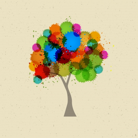 Abstract Vector Tree With Colorful Blobs, Splashes on Recycled Paper Background のイラスト素材