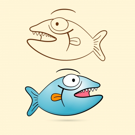 Fish With Teeth. Blue Vector Fish and Brown Outlined.のイラスト素材