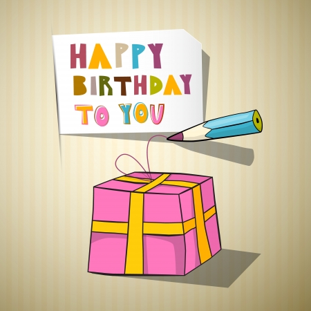 Retro Happy Birthday Title, Gift Box, Pencil on Recycled Paper Background のイラスト素材