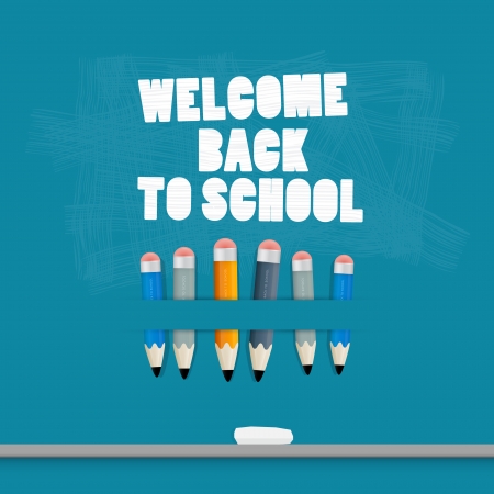 Vector Back to school Blue Background with Pencils, Chalkのイラスト素材