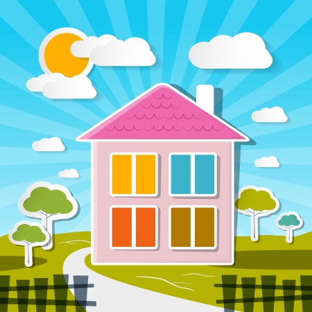 Vector House on Sunny Day with Trees and Cloudsのイラスト素材