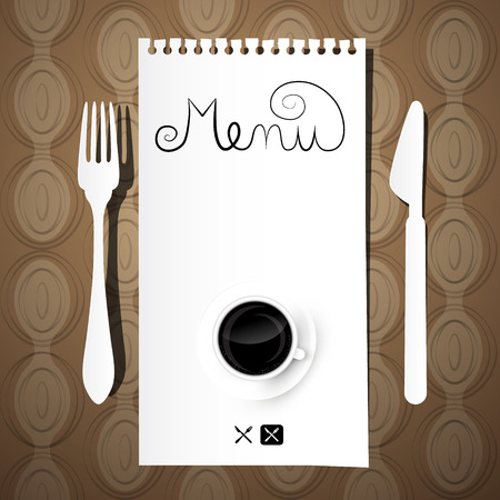Paper Restaurant Menu with Knife, Fork and Coffee Cup on Retro Backgroundのイラスト素材