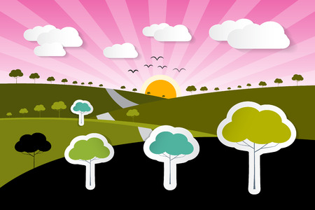 Rural Paper Vector Nature Background with Trees, Cloudsのイラスト素材