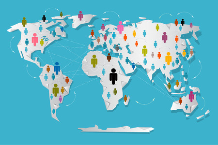 Vector People on Paper World Map - Social Media Connection Symbols のイラスト素材