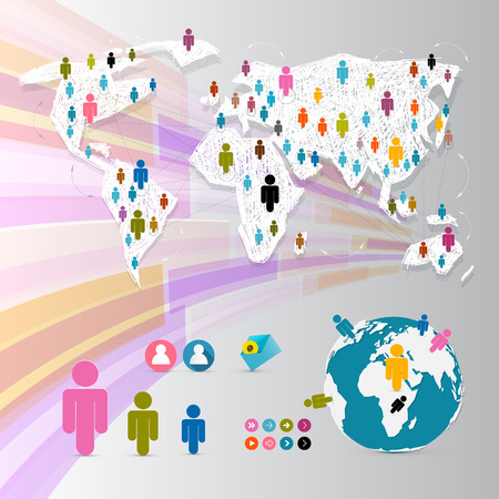 Vector People on Paper World Map - Social Media Connection Symbols - Infographicsのイラスト素材