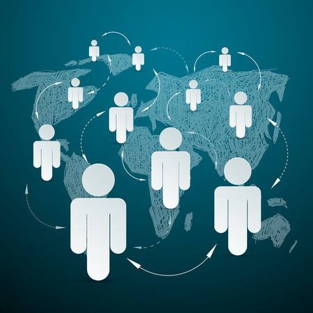 Vector Paper People on World Map - Social Media Connectionのイラスト素材