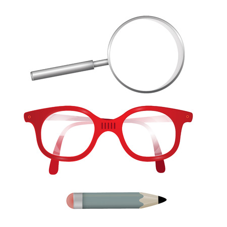 Vector Glasses, Pencil, Magnifying Glass Isolated on White Backgroundのイラスト素材