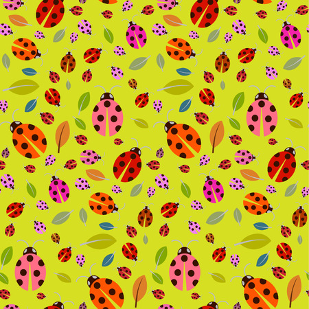 Seamless Pattern with Ladybirds and Leaves on Green Backgroundのイラスト素材