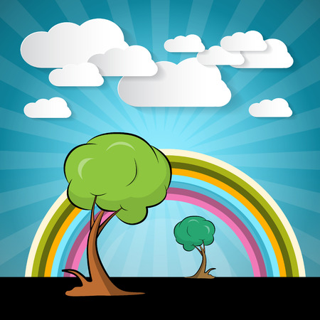 Paper Vector Nature Background with Trees, Clouds and Rainbowのイラスト素材