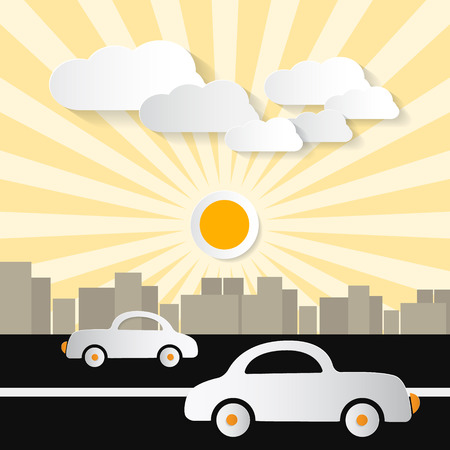 Paper Abstract Retro City Illustration with Buildings, Cars, Trees, Sun and Clouds のイラスト素材