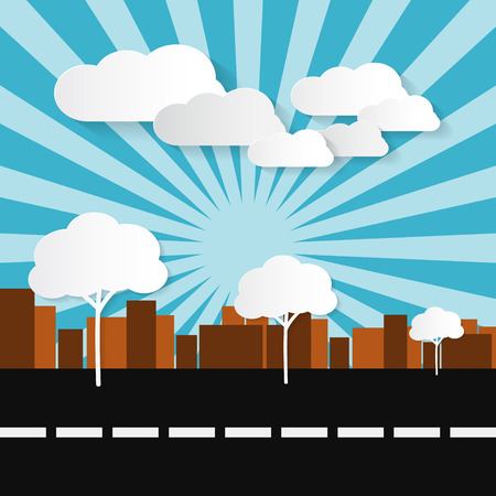 Paper Abstract Retro City Illustration with Buildings, Trees, Sun and Clouds のイラスト素材