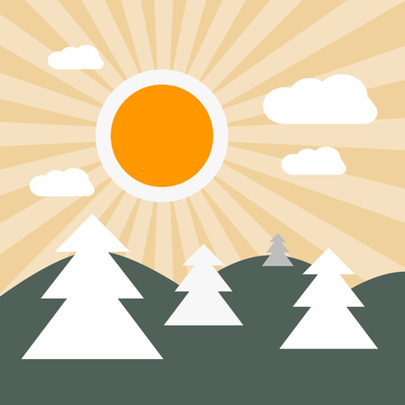 Flat Design Nature Landscape Illustration with Sun, Hills and Treesのイラスト素材