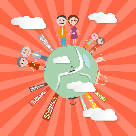 Vector People on Globe - Retro Illustrationのイラスト素材