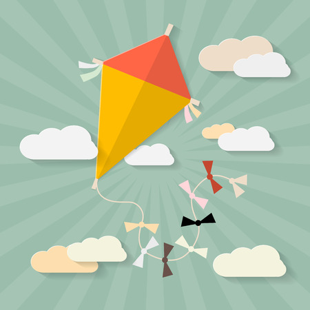 Retro Paper Kite on Sky with Clouds Illustrationのイラスト素材