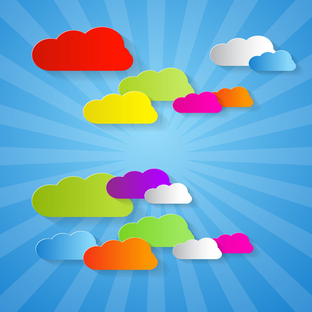 Colorful Cut Paper Clouds on Blue Background のイラスト素材