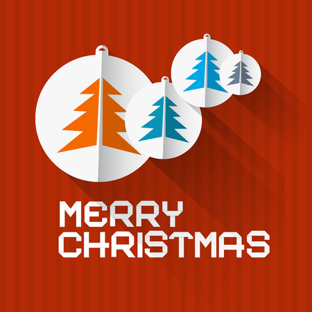 Vector Retro Red Background with Christmas Balls and Trees Made from Paper のイラスト素材