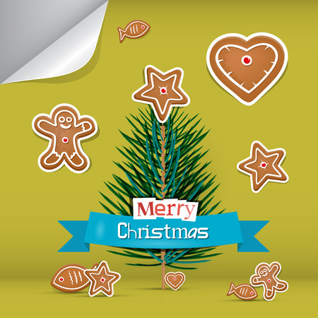 Vector Christmas Card with Gingerbread and Branch - Treeのイラスト素材