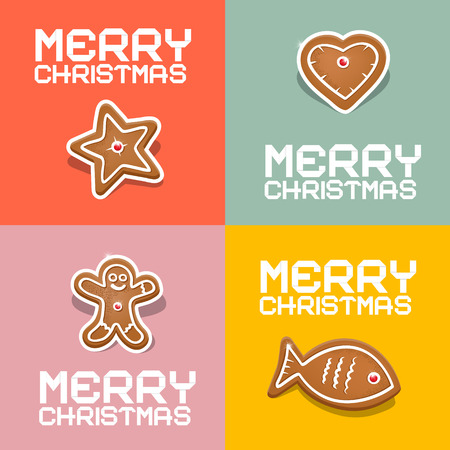 Retro Vector Christmas Heart, Fish, Star and Gingerbread Man Illustrationのイラスト素材