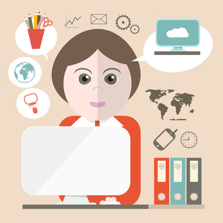 Secretary Vector Illustration with Business Icons and Computerのイラスト素材
