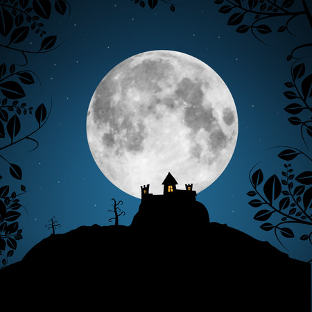 Full Moon Vector Illustration with Castle and Treesのイラスト素材