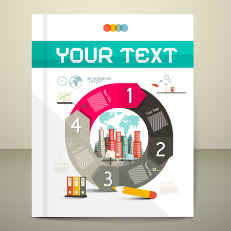 Infographics Vector Template - Layout with City on Paper Book - Brochure Coverのイラスト素材