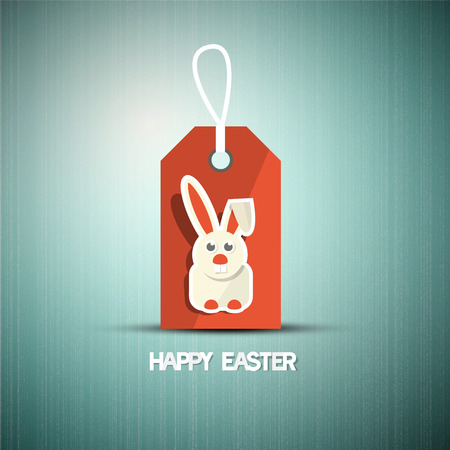 Blue Easter Retro Background with Bunny on Red Paper Labelのイラスト素材