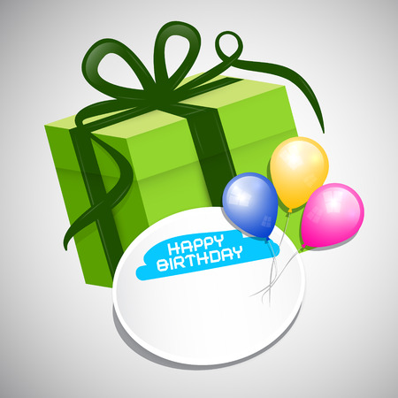 Vector Green Paper Gift Box, Colorful Balloons and Empty Label with Happy Birthday Titleのイラスト素材