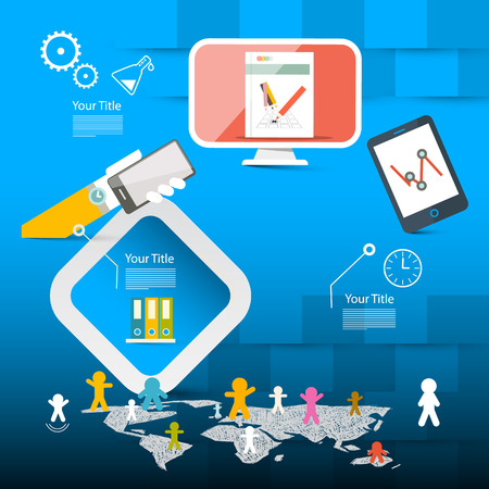 Blue Vector Web Page Layout or Brochure Report Infographics Template with Technology Icons and World Mapのイラスト素材