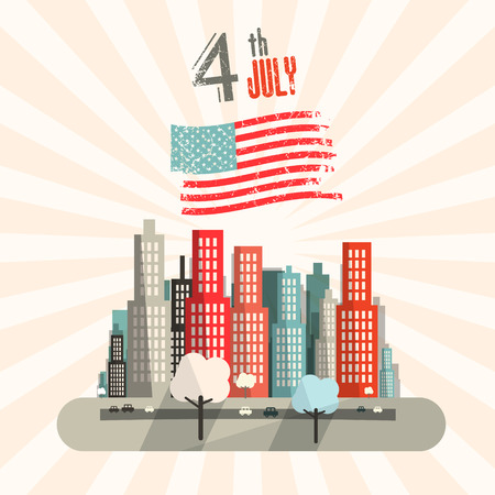 4 th July Retro Vector Illustration with American Flag and City on Backgroundのイラスト素材