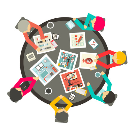 People Around the Circle Table Vector Business Meeting Top View Illustrationのイラスト素材