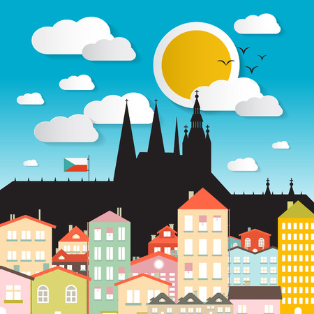 Flat Design Vector Prague Castle Illustration - The Cathedral of St Vitus - Czech Republic in Europeのイラスト素材