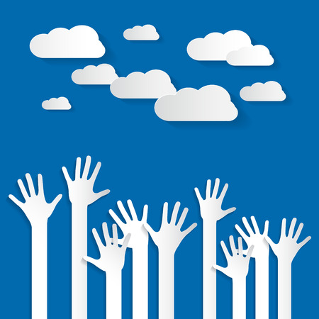 Hands - Paper Cut Palm Hands Set Vector Illustration on Blue Sky Background with Cloudsのイラスト素材