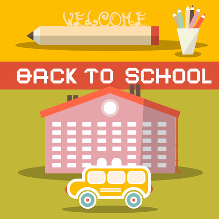 Back to School Title with Yellow Bus - School Building and Pencils - Vector Flat Design Illustrationのイラスト素材