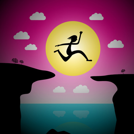 Jumping Over Precipice Vector Cartoon - Man or Woman Leap with Ocean and Sea and Sunset Skyのイラスト素材