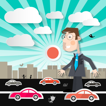Big Man in the City - Businessman Walking on Street with Cars in Town Vector Illustrationのイラスト素材