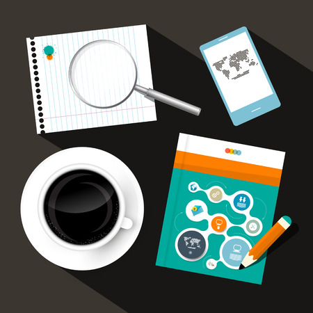 Coffee - Notebook - Cell Phone and Book or Brochure Object on Table Vector Illustrationのイラスト素材