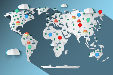 Paper Cut Vector World Map with Clouds - Trees - Cars - Houses and Circle Labels Iconsのイラスト素材