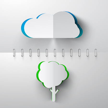 Paper Cut Vector Cloud and Tree on Notebook Backgroundのイラスト素材