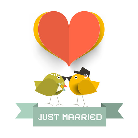 Just Married Card with Paper Cut Heard and Love Birdsのイラスト素材