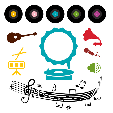 LP - Vinyl Record with Gramophone and Musical Symbols - Iconsのイラスト素材
