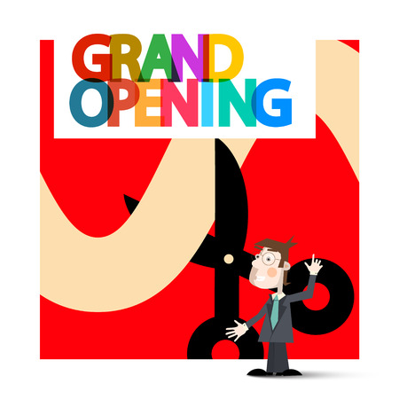 Grand Opening Retro Vector with Business Man on Red Backgroundのイラスト素材