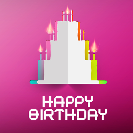 Happy Birthday Retro Vector Illustration with Paper Cake and Candles - Pink Girls Cardのイラスト素材