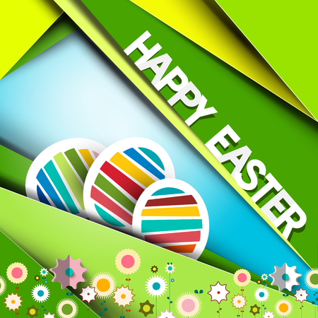 Happy Easter Vector Green Retro Paper Card with Eggs and Flowersのイラスト素材