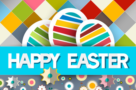 Happy Easter Paper Eggs and Flowers on Diagonal Squares Backgroundのイラスト素材