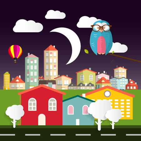 Night Vector Flat Design City - Town with Owl - Moon - Hot Air Balloon and Abstract Buildingsのイラスト素材