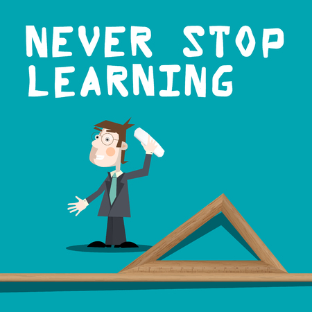 Never Stop Learning Slogan with Teacher with Chalk and  Ruler Triangle Retro Vector Illustrationのイラスト素材
